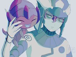  1boy bangs bodysuit closed_mouth colored_skin commentary_request dulse_(pokemon) frown gou_(pixiv_24579323) green_skin grey_background hair_between_eyes hand_up helmet looking_to_the_side male_focus poipole pokemon pokemon_(game) pokemon_on_arm pokemon_usum purple_hair short_hair simple_background ultra_beast upper_body watermark 
