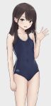  1girl akipeko bangs blue_swimsuit blush brown_hair commentary_request eyebrows_visible_through_hair flat_chest hand_up highres loli long_hair looking_at_viewer one-piece_swimsuit open_mouth original school_swimsuit simple_background solo swept_bangs swimsuit waving white_background 