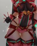  1girl armor artist_name black_gloves breasts chest_jewel condylonucla covered_navel english_commentary fingerless_gloves gloves grey_background head_out_of_frame highleg highleg_leotard highres large_breasts leotard micro_shorts navel pyra_(xenoblade) red_legwear red_shorts shiny shiny_clothes shiny_skin shorts simple_background skindentation solo sparkle stomach strap_pull thigh-highs thigh_gap thighs xenoblade_chronicles_(series) xenoblade_chronicles_2 