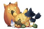  bird bright_pupils commentary_request fire flame halloween highres jack-o&#039;-lantern litwick llo-olly murkrow no_humans pokemon pokemon_(creature) pumpkaboo red_eyes white_pupils yellow_eyes 