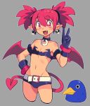  1girl belt black_gloves black_shorts blush choker demon_girl demon_tail demon_wings disgaea earrings etna eyebrows_visible_through_hair fang flat_chest gloves jewelry looking_at_viewer navel open_mouth pointy_ears prinny red_eyes redhead short_hair short_shorts short_twintails shorts skull_earrings slammo smile solo tail twintails v white_belt wings 