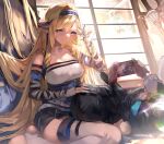  1girl 1other absurdres arknights ash_(rainbow_six_siege) ash_(ranger)_(rainbow_six_siege) bangs bare_shoulders blemishine_(arknights) blemishine_(moon_catastrborn)_(arknights) blonde_hair blue_eyes blue_hairband braid breasts cellphone chinese_commentary commentary_request doctor_(arknights) exusiai_(arknights) exusiai_(wild_operation)_(arknights) grin hairband hand_up heel-less_legwear highres holding holding_phone horns indoors lap_pillow long_hair medium_breasts parted_lips phone pointy_ears saileach_(arknights) saitogiulio shirt sitting smartphone smile strapless strapless_shirt thigh-highs thighs very_long_hair vivienne_(arknights) wariza whisperain_(arknights) white_legwear white_shirt window 