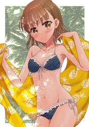  1girl ayuko_(ayuko54bornthisway) bikini black_bikini blurry blurry_background breasts brown_eyes brown_hair cowboy_shot dappled_sunlight front-tie_top highres looking_at_viewer misaka_mikoto pineapple_print polka_dot polka_dot_bikini short_hair side-tie_bikini small_breasts solo sunlight swimsuit toaru_kagaku_no_railgun toaru_majutsu_no_index towel 