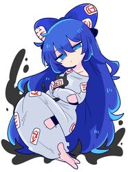  1girl aura barefoot blue_eyes blue_hair bow damaged debt dress full_body grey_dress hair_bow highres long_hair off_shoulder op_na_yarou simple_background stuffed_animal stuffed_cat stuffed_toy touhou white_background yorigami_shion 