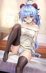  1girl ahoge alternate_costume bangs bare_shoulders bed bed_sheet bespectacled black_legwear blanket blue_hair blush breasts brown-framed_eyewear closed_mouth collarbone eyebrows_visible_through_hair ganyu_(genshin_impact) genshin_impact glasses grey_panties grey_sweater highres horns indoors kotatsu_(kotatsu358) lamp long_hair long_sleeves looking_at_viewer medium_breasts no_pants no_shoes off-shoulder_sweater off_shoulder on_bed panties sitting sitting_on_bed smile solo sweater thigh-highs underwear very_long_hair violet_eyes 