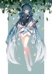  1girl absurdres bloom blue_dress blue_eyes blue_gloves blue_hair blue_headwear chinese_commentary commentary dress earrings falling_leaves falling_petals floral_print flower full_body gloves half_gloves hatsune_miku highres jewelry key_asan leaf long_hair looking_at_viewer miku_with_you_(vocaloid) petals smile solo standing tassel twintails very_long_hair vocaloid white_flower white_footwear 
