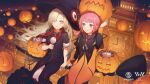  2girls black_dress broom broom_riding building candy cityscape clock clock_tower dress flying food grey_hair hair_over_one_eye halloween hat highres isekai_joucho jack-o&#039;-lantern kaf_(kamitsubaki_studio) kamitsubaki_studio lollipop long_hair looking_at_another medium_hair multicolored_eyes multicolored_hair multiple_girls multiple_riders night official_art orange_dress parted_lips pink_hair pumpkin redhead short_sleeves sidesaddle sky smile swirl_lollipop takeno_(hashi_falcon) tower two-tone_dress two-tone_hair virtual_youtuber witch witch_hat yellow_pupils 