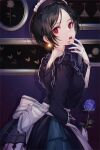  1girl apron black_hair blood blood_from_mouth blue_flower blue_rose bug butterfly copyright_request cup dress earrings finger_to_mouth flower gloves highres jewelry kina_(446964) looking_at_viewer maid maid_apron maid_headdress open_mouth red_eyes rose solo 