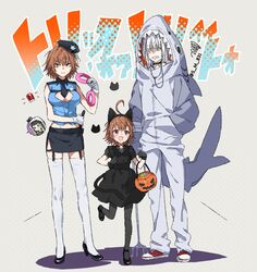  1boy 2girls accelerator_(toaru_majutsu_no_index) ahoge animal_costume animal_ears basket black_dress black_headwear black_legwear black_skirt blue_shirt brown_eyes brown_hair cat_ears cat_tail character_request cleavage_cutout clothing_cutout cuffs dress full_body garter_straps halloween halloween_costume handcuffs hat jack-o&#039;-lantern last_order_(toaru_majutsu_no_index) looking_at_viewer midriff misaka_worst multiple_girls pantyhose peaked_cap police police_uniform policewoman red_eyes s_m_831 shark_costume shirt short_hair skirt sleeveless sleeveless_shirt tail toaru_majutsu_no_index toaru_majutsu_no_index:_new_testament uniform white_hair white_legwear 