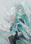  1boy absurdres aqua_eyes aqua_horns black_pants feet_out_of_frame grey_background hand_up highres ice ice_crystal long_hair looking_at_viewer pants pointy_ears rope solo the_legend_of_luo_xiaohei white_hair xuhuai_(the_legend_of_luoxiaohei) zhi29374 