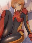  1girl :o absurdres bangs blush bodysuit breasts cable cockpit covered_navel eyebrows_visible_through_hair gundam gundam_zz highres iwasaki_masakazu orange_hair parted_bangs pilot_suit puru_two science_fiction short_hair sitting skin_tight small_breasts solo v-shaped_eyebrows violet_eyes 