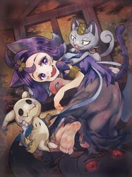  1girl :d acerola_(pokemon) alolan_meowth animal_ears banette bangs barefoot blush commentary_request dress flipped_hair hair_ornament hairclip highres iroha_nibi looking_back mimikyu multicolored_clothes multicolored_dress open_mouth pokemon pokemon_(creature) pokemon_(game) pokemon_sm purple_hair short_sleeves smile soles tail toes tongue topknot torn_clothes torn_dress violet_eyes 