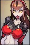  1girl armor black_border border breasts brown_hair commentary courtney_gears cyancapsule english_commentary hairband highres large_breasts linea_alba lipstick long_hair looking_at_viewer makeup midriff navel parted_lips pauldrons ratchet_&amp;_clank ratchet_&amp;_clank:_up_your_arsenal red_hairband red_lips robot shoulder_armor smile solo toned 