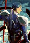  1boy armor beads blood blood_from_mouth blue_bodysuit blue_hair bodysuit cu_chulainn_(fate) cu_chulainn_(fate/stay_night) earrings fate/stay_night fate_(series) floating_hair from_behind gae_bolg_(fate) hair_beads hair_ornament holding holding_polearm holding_weapon jewelry lacu_lain long_hair looking_back male_focus muscular muscular_male pauldrons polearm ponytail red_eyes shoulder_armor solo spiky_hair weapon 