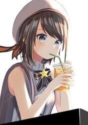  1girl bangs bare_arms bare_shoulders bendy_straw beret black_bow black_hair blue_eyes blush bow commentary_request cup drink drinking drinking_straw eyebrows_visible_through_hair grey_shirt hands_up hat highres holding holding_cup hololive ice ice_cube natsuki_(natukituki) oozora_subaru shirt simple_background sleeveless sleeveless_shirt solo star_(symbol) striped striped_bow striped_shirt upper_body vertical-striped_shirt vertical_stripes virtual_youtuber white_background white_headwear 