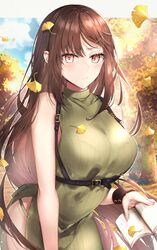  1girl absurdres autumn_leaves bare_shoulders blush breasts brown_eyes brown_hair contemporary dress earrings fate/grand_order fate_(series) green_dress hane_yuki highres jewelry long_hair medium_breasts multiple_earrings side_slit sleeveless sleeveless_dress very_long_hair yu_mei-ren_(fate) 