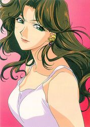  1990s_(style) 1girl aoi_futaba brown_hair collarbone earrings green_eyes jewelry lipstick long_hair looking_at_viewer makeup nakajima_atsuko official_art red_background red_lips retro_artstyle scan simple_background solo tank_top upper_body you&#039;re_under_arrest 