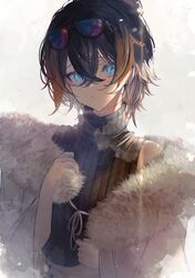  1girl absurdres betabeet black_hair black_sweater blue_eyes coat english_commentary eyewear_on_head fur-trimmed_coat fur_trim hair_between_eyes highres looking_at_viewer multicolored_hair nijisanji nijisanji_en orange_hair petra_gurin ribbed_sweater short_hair simple_background sleeveless sleeveless_sweater sleeveless_turtleneck solo streaked_hair sunglasses sweater turtleneck turtleneck_sweater two-tone_hair upper_body virtual_youtuber white_background white_coat 