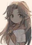  1girl aoki_(fumomo) bangs blush brown_hair brown_neckerchief closed_mouth grey_shirt long_hair looking_at_viewer malon neckerchief parted_bangs pointy_ears shiny shiny_hair shirt short_sleeves sketch smile solo the_legend_of_zelda upper_body 