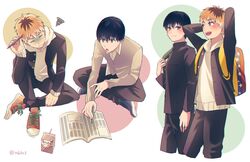  2boys :o arms_up bangs black_hair black_jacket blonde_hair blue_footwear blush book brown_background brown_hoodie brown_pants cropped_legs drink holding holding_pen hood hood_down hoodie jacket kaneki_ken long_sleeves male_focus multicolored_hair multiple_boys nabe-box nagachika_hideyoshi open_book open_clothes open_jacket pants pen red_footwear school_uniform shoes short_hair smile squiggle studying tokyo_ghoul twitter_username two-tone_background two-tone_hair white_background 