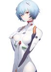  1girl absurdres ayanami_rei blue_hair bodysuit bracer breasts closed_mouth er_san_si expressionless hair_between_eyes hand_on_own_chest headgear highres looking_at_viewer medium_breasts neon_genesis_evangelion plugsuit red_eyes short_hair simple_background solo standing white_background white_bodysuit 