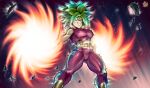  abs blue_eyes breasts crop_top debris dragon_ball dragon_ball_super earrings fangs glowing glowing_eyes green_hair grin highres jewelry kefla_(dragon_ball) large_breasts muscular muscular_female potara_earrings redrawn smile solo spiky_hair the_golden_smurf thick_thighs thighs 