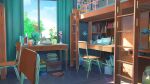  bed book book_stack box chair chinese_commentary clouds commentary_request computer cup curtains desk electric_fan english_text flower highres ladder lamp laptop no_humans original plant scenery scissors sky table tree vase window xingzhi_lv 