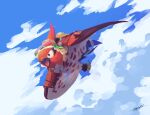  beak bird clouds commentary day english_commentary flying goggles likey no_humans open_mouth outdoors pokemon pokemon_(creature) pokemon_(game) pokemon_unite signature sky solo talonflame talons 