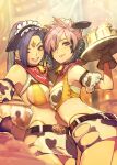  2girls animal_ears animal_print asymmetrical_docking au_ra bare_shoulders bell belt bikini black_gloves blurry blurry_background breast_press breasts closed_mouth commentary_request commission cow_ears cow_print cowboy_shot detached_sleeves fake_animal_ears final_fantasy final_fantasy_xiv gloves hair_over_one_eye hide_(hideout) highleg highleg_panties highres holding holding_tray horns hyur indoors lips long_hair looking_at_viewer maid_headdress medium_breasts multiple_girls neck_bell orange_eyes panties parted_lips pink_hair print_bandeau print_bikini print_shorts purple_hair red_scarf revealing_clothes scales scarf short_hair shorts skeb_commission small_breasts smile stomach swimsuit tray underwear violet_eyes waitress yellow_bikini 