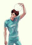  1boy :p arm_up ball bangs brown_eyes brown_hair ceejles commentary cowboy_shot english_commentary haikyuu!! highres jersey looking_away male_focus oikawa_tooru_(haikyuu!!) short_hair shorts simple_background solo sportswear tongue tongue_out volleyball volleyball_uniform 