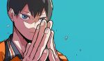  1boy bangs black_hair blue_background blue_eyes chapi_01 closed_mouth commentary_request fingernails fingers haikyuu!! hair_between_eyes hands highres jersey kageyama_tobio male_focus own_hands_together short_hair solo sportswear sweat volleyball_uniform 