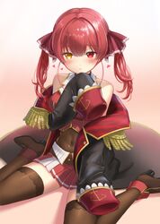  1girl ankle_boots bare_shoulders belt black_coat black_eyepatch blush boots breasts brown_belt brown_footwear brown_legwear coat cropped_jacket embarrassed eyebrows_visible_through_hair eyepatch fold-over_boots gold_trim hair_ribbon heterochromia high_heel_boots high_heels highres hololive houshou_marine jacket kiki-yu lace-trimmed_legwear lace_trim leather leather_belt leather_boots leotard leotard_under_clothes long_hair looking_at_viewer medium_breasts miniskirt off_shoulder pirate pleated_skirt red_eyes red_jacket red_ribbon red_skirt redhead ribbon sheer_leotard sitting skirt sleeveless sleeveless_jacket sleeves_past_wrists solo thigh-highs twintails virtual_youtuber wariza yellow_eyes 