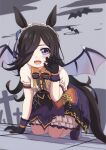  1girl absurdres animal_ears arm_support bat black_gloves black_hair black_neckwear black_wings blue_flower blue_rose bow bowtie brooch claw_pose collared_shirt commentary demon_wings fang flower frilled_hairband frilled_skirt frills gloves hair_flower hair_ornament hair_over_one_eye hairband halloween halloween_costume highres horse_ears horse_girl horse_tail jack-o&#039;-lantern_ornament jewelry kneeling leaning_forward long_hair looking_at_viewer make_up_in_halloween!_(umamusume) medium_skirt onomaoo open_mouth orange_bow puffy_short_sleeves puffy_sleeves purple_footwear purple_skirt rice_shower_(umamusume) rose shirt shoes short_sleeves skirt smile solo tail umamusume violet_eyes white_hairband white_shirt wings 