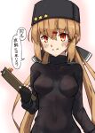  1girl absurdres black_bow black_gloves black_headwear black_sweater bow breasts brown_eyes brown_hair clipboard commentary_request fingerless_gloves gloves hair_bow highres kantai_collection long_hair looking_at_viewer low_twintails medium_breasts papakha parted_lips shiba_(zudha) solo star_(symbol) sweater tashkent_(kancolle) translation_request twintails upper_body 