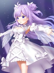  1girl armpits azur_lane bangs blush breasts cleavage_cutout clothing_cutout cowboy_shot detached_sleeves dress eyebrows_visible_through_hair highres kiki-yu long_hair medium_breasts open_mouth outstretched_arms purple_hair see-through_sleeves short_dress sleeveless sleeveless_dress solo unicorn_(angelic_night)_(azur_lane) unicorn_(azur_lane) v-shaped_eyebrows violet_eyes white_dress 