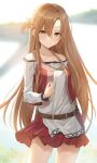  1girl asuna_(sao) belt blonde_hair blurry blurry_background blush braid brown_belt brown_eyes collarbone commentary_request cowboy_shot eyebrows_visible_through_hair hair_between_eyes highres kanaria_hisagi long_hair long_sleeves looking_at_viewer pleated_skirt red_skirt skirt solo sword_art_online very_long_hair 