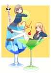  2girls :o bangs blazer blonde_hair blue_eyes blue_jacket blunt_bangs bob_cut border cherry closed_mouth cocktail_glass cup deadnooodles drinking_glass drinking_straw elbow_rest eyebrows_visible_through_hair food from_side fruit full_body green_eyes hairband heanna_sumire heart highres ice ice_cube jacket light_brown_hair lime_slice loafers looking_at_viewer love_live! love_live!_superstar!! multicolored_hair multiple_girls neck_ribbon open_mouth oversized_object panda pink_hair planet ribbon school_uniform shoes short_hair sitting smile standing standing_on_one_leg straight_hair tang_keke thigh-highs thighs two-tone_hair white_border white_legwear yuigaoka_school_uniform zettai_ryouiki 