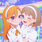  2girls banner blue_eyes blue_sky blush brown_hair closed_mouth clouds collared_shirt commentary english_commentary eyebrows_visible_through_hair from_side gloves highres looking_at_viewer love_live! love_live!_superstar!! multiple_girls one_eye_closed open_mouth orange_hair orange_neckwear shibuya_kanon shirt short_hair short_sleeves sky smile star_(symbol) string_of_flags tang_keke teeth upper_body uuu&amp;no violet_eyes white_gloves white_hair white_shirt 