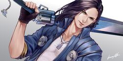  1boy black_hair blue_jacket closed_mouth final_fantasy final_fantasy_viii fingerless_gloves gloves green_eyes gunblade hiromyan holding holding_weapon jacket jewelry laguna_loire long_hair looking_at_viewer male_focus necklace open_jacket over_shoulder simple_background smile solo weapon weapon_over_shoulder 