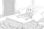  1girl ahoge bed blanket cellphone cup cushion door greyscale highres holding holding_cup idolmaster idolmaster_cinderella_girls indoors kotatsu leaning_back long_sleeves looking_afar monochrome notebook off-shoulder_sweater off_shoulder pen phone satou_shin solo steam sweater table twintails uika310p under_kotatsu under_table 