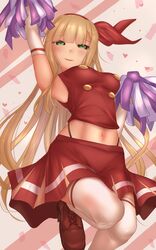  1girl arm_up armpits back_bow black_underwear blonde_hair bow brown_footwear buttons cheerleader crop_top ellen_(touhou) green_hair hair_bow highres holding holding_pom_poms long_hair midriff navel open_mouth pleated_skirt pom_pom_(cheerleading) red_bow red_shirt red_skirt shirt shounen_(hogehoge) skirt sleeveless sleeveless_shirt stomach thigh-highs touhou touhou_(pc-98) very_long_hair white_legwear zettai_ryouiki 