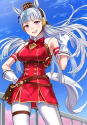  1girl :d animal_ears armband bangs bare_shoulders belt_pouch blunt_bangs blush bow bowtie breasts buttons chest_harness double-breasted dress framed_breasts gold_ship_(umamusume) hair_flip hand_on_hip harness highres horse_ears horse_girl horse_tail kiki-yu large_breasts long_hair looking_at_viewer open_mouth pantyhose pillbox_hat pouch red_bow red_bowtie red_dress silver_hair smile solo striped tail umamusume v-shaped_eyebrows vertical_stripes violet_eyes weapon white_legwear 