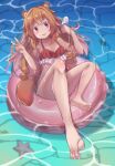 1girl absurdres aisha_(rfrm) animal_ear_fluff animal_ears bangs blush brown_hair child eyebrows_visible_through_hair feet floating floating_object food highres holding holding_food long_hair looking_at_viewer open_mouth raccoon_ears raccoon_girl raccoon_tail raphtalia solo swimsuit tail tate_no_yuusha_no_nariagari v very_long_hair 