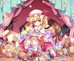  1girl bangs bat blonde_hair crescent_moon crossed_legs crystal curtains damaged doll doll_hug eyebrows_visible_through_hair flandre_scarlet full_body hat hat_ribbon holding holding_doll holding_stuffed_toy hong_meiling indoors isu_(is88) izayoi_sakuya koakuma looking_at_viewer mob_cap moon object_hug one_side_up patchouli_knowledge pointy_ears polka_dot_curtains puffy_short_sleeves puffy_sleeves red_eyes red_ribbon remilia_scarlet ribbon short_sleeves sitting solo star_(symbol) stuffed_animal stuffed_bunny stuffed_toy touhou white_headwear wings 
