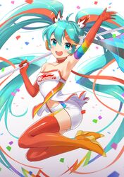  1girl :d ahoge aqua_eyes aqua_hair armpits bare_shoulders boots choker collarbone confetti elbow_gloves flag gloves hair_between_eyes hatsune_miku headphones highres holding holding_flag jumping kiki-yu long_hair multicolored_hair open_mouth orange_choker orange_footwear orange_gloves orange_hair orange_legwear racequeen racing_miku racing_miku_(2016) shorts smile solo strapless streaked_hair suspender_shorts suspenders thigh-highs thigh_boots tube_top twintails very_long_hair vocaloid white_shorts white_tube_top 