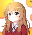  1girl aisaka_taiga artist_request bangs black_neckwear blush brown_eyes brown_hair closed_mouth collared_shirt commentary_request eyebrows_behind_hair hair_between_eyes jacket korean_commentary long_hair looking_at_viewer multicolored_background neck_ribbon oohashi_high_school_uniform orange_background red_jacket ribbon school_uniform shirt signature solo toradora! upper_body white_background white_shirt yellow_background 