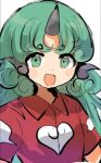  1girl bangs blush collar collared_shirt eyebrows_visible_through_hair green_eyes green_hair horns komano_aunn kujikimi long_hair looking_at_viewer lowres open_mouth red_shirt shirt short_sleeves simple_background smile solo touhou upper_body white_background 