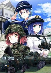  3girls ah-1_cobra aqua_eyes aqua_hair assault_rifle bangs black_neckwear blue_hair blue_headwear blue_jacket blue_neckwear blue_shirt bob_cut body_armor brown_eyes building camouflage camouflage_headwear camouflage_jacket closed_mouth commentary_request dress_shirt emblem eyebrows_visible_through_hair female_service_cap glasses green_headwear gun hairband helmet holding holding_gun holding_instrument holding_weapon inoshira instrument jacket japan_air_self-defense_force japan_ground_self-defense_force japan_maritime_self-defense_force japan_self-defense_force komatsu_lav long_sleeves looking_at_viewer military military_uniform multiple_girls necktie oboe original red_hairband rifle salute shirt short_hair smile tied_hair type_87_arv type_96_(apc) uniform weapon white_headwear white_jacket white_shirt 