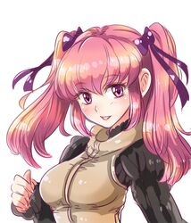  1041_(toshikazu) 1girl bangs black_sweater blush bow breasts brown_vest char's_deleted_affair clenched_hand eyebrows_visible_through_hair gundam hair_behind_ear hair_bow haman_karn medium_breasts parted_lips pink_hair portrait purple_bow smile solo sweater twintails vest violet_eyes white_background 