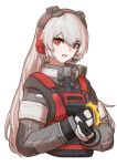  1girl bangs charolic_(girls&#039;_frontline_2) cheogtanbyeong eyebrows_visible_through_hair girls&#039;_frontline_2:_exilium gloves grey_hair hair_between_eyes headset highres long_hair long_sleeves looking_at_viewer military military_uniform red_eyes serious solo sweatdrop uniform upper_body 